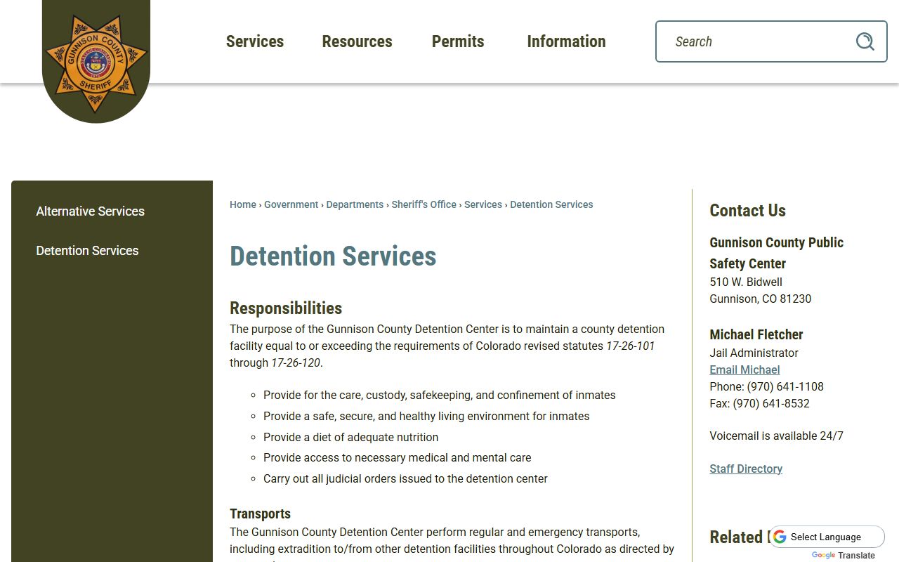 Hinsdale County inmate population roster access through Gunnison Detention Services