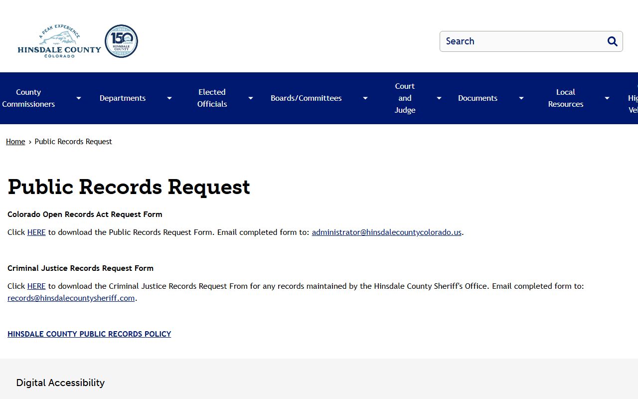 Hinsdale County inmate records CORA request page