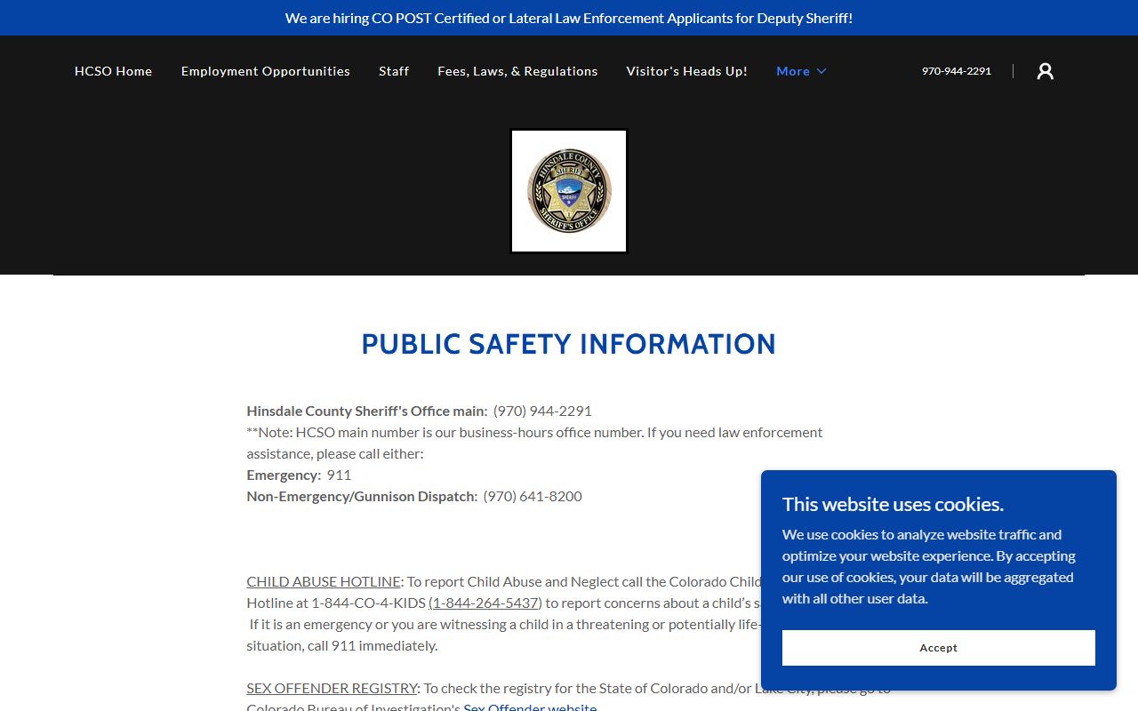 Hinsdale County inmate custody public safety contact routes